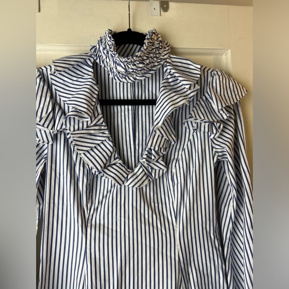 Caroline Constas Micki Choker V Neck Cotton Striped Ruffle Dress 4 - Picture 6 of 13